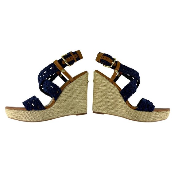 Lilly Pulitzer Kelsey Espadrille Wedge Platform Sandals in Navy & Tan Size 8 M - Picture 3 of 12